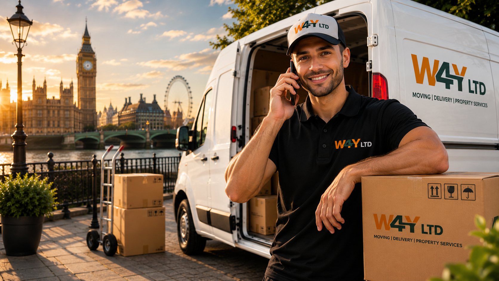 W4Y LTD team member standing beside a branded removals van in London, ready to help customers with removals, handyman, waste removal and vehicle recovery services.