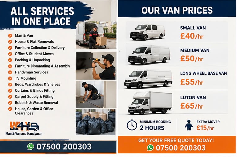 W4Y LTD removals team loading a moving van in London providing professional man and van, house removals and delivery services.